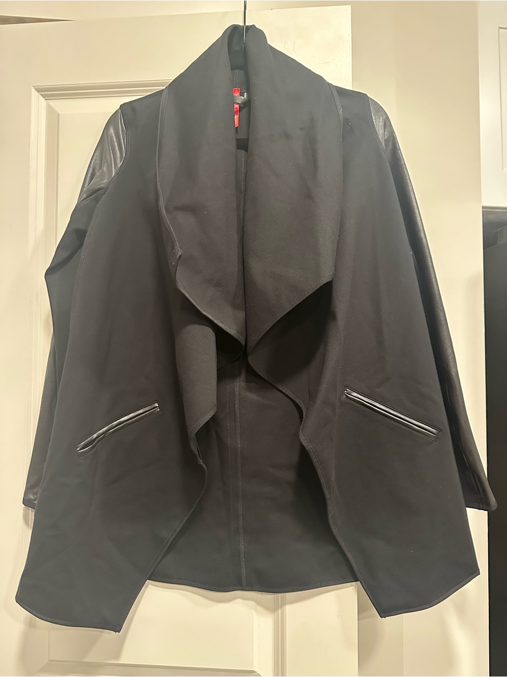 NWT SPANX Drape Front Jacket Faux Leather Very Black XS